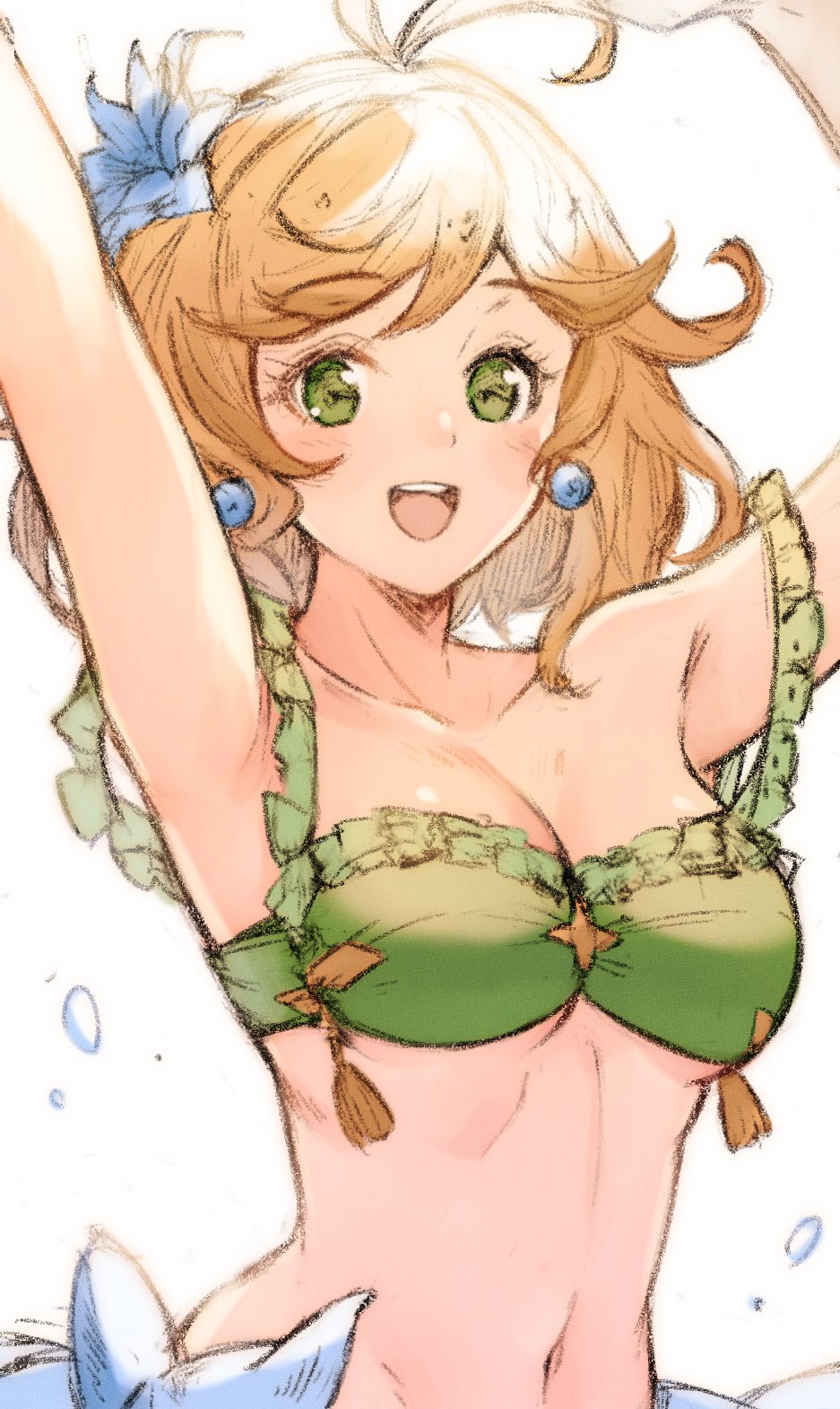 1girl :d ahoge arms_up bikini blonde_hair frilled_bikini frills granblue_fantasy green_eyes highres koretsuki_azuma messy_hair midriff navel open_mouth short_hair smile swimsuit teena_(granblue_fantasy) water_drop