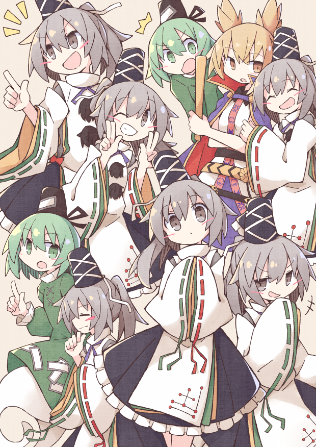 +++ 3girls asameshi black_headwear black_skirt blouse blush_stickers brown_hair cape commentary_request double_w dress ghost_tail green_dress green_eyes green_hair grey_eyes grey_hair grin hat holding japanese_clothes kariginu long_hair long_sleeves mononobe_no_futo multiple_girls multiple_views notice_lines open_mouth pointing pointy_hair ponytail purple_cape purple_skirt ritual_baton skirt smile soga_no_tojiko tate_eboshi touhou toyosatomimi_no_miko w white_blouse wide_sleeves yellow_eyes