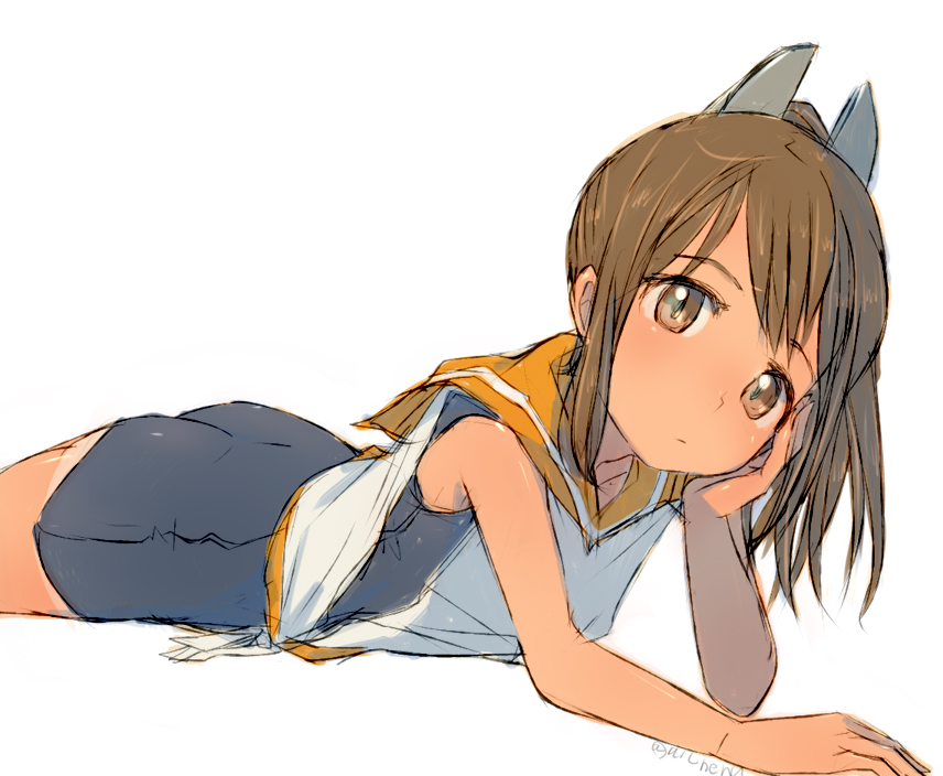 1girl alchera blue_swimsuit brown_eyes brown_hair chin_rest cowboy_shot hair_ornament hairclip i-401_(kantai_collection) kantai_collection lying on_stomach one-piece_tan orange_sailor_collar ponytail sailor_collar school_swimsuit short_hair short_ponytail simple_background solo swimsuit swimsuit_under_clothes tan tanline white_background