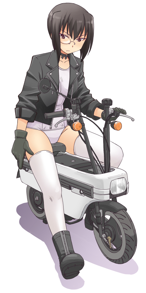 1girl bangs black_choker black_eyes black_footwear black_gloves black_hair boots bow_choker choker closed_mouth commentary cosplay ghost_in_the_shell ghost_in_the_shell_stand_alone_complex girls_und_panzer gloves ground_vehicle honda_motocompo jacket kawashima_momo kusanagi_motoko kusanagi_motoko_(cosplay) leather leather_jacket light_frown long_sleeves looking_at_viewer monocle motor_vehicle motorcycle open_clothes open_jacket school_swimsuit semi-rimless_eyewear shadow short_hair simple_background sitting solo swimsuit thigh-highs under-rim_eyewear uona_telepin white_background white_legwear white_school_swimsuit white_swimsuit zipper