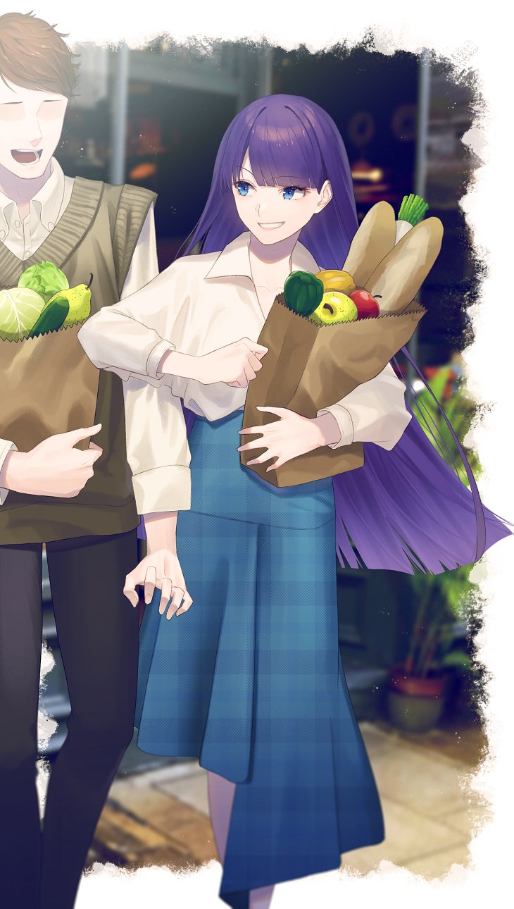 1boy 1girl apple bag blue_eyes blue_skirt bread brown_hair brown_vest casual collarbone commentary_request contemporary elbowing eyebrows_visible_through_hair faceless faceless_male fate/grand_order fate_(series) food fruit grin grocery_bag highres lettuce lip-mil long_hair looking_at_another no_eyes open_mouth paper_bag pear plaid plaid_skirt purple_hair saint_martha shirt shopping_bag skirt smile sweater_vest very_long_hair vest white_shirt