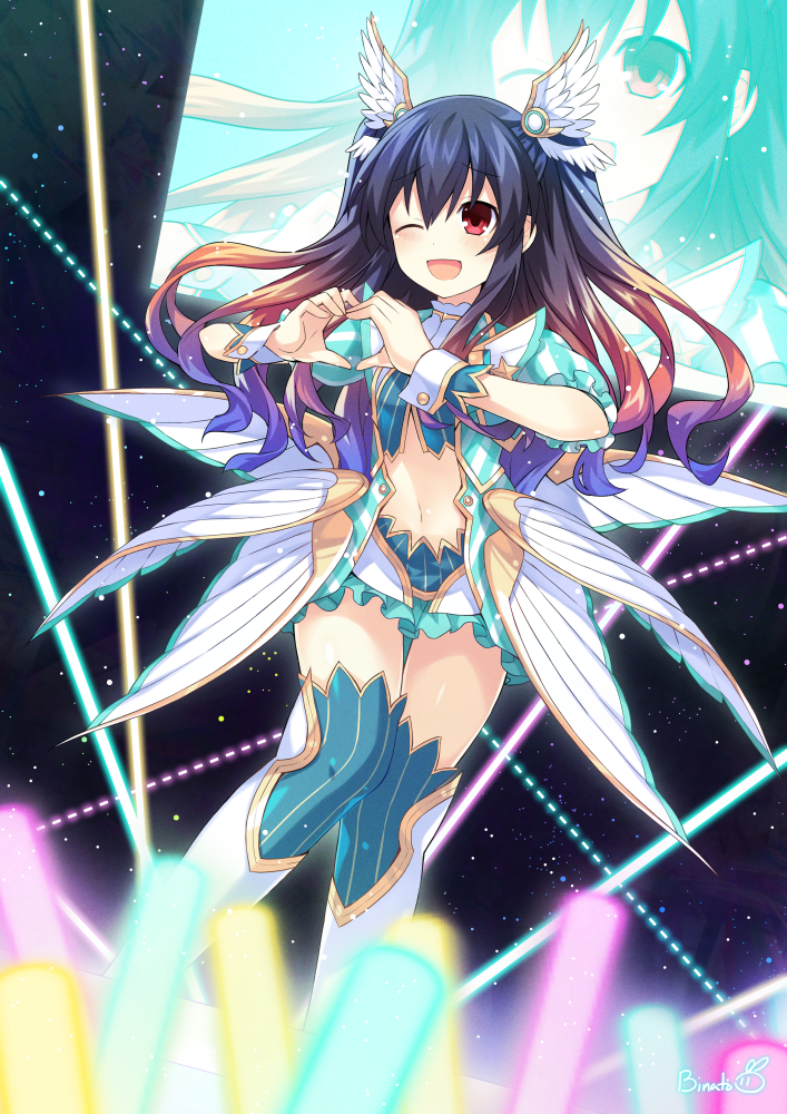 1girl :d alternate_costume artist_name binato_lulu black_hair boots crop_top english_commentary eyebrows_visible_through_hair floating_hair frilled_skirt frills glowstick gradient_hair hair_between_eyes heart heart_hands idol knees_together_feet_apart light_rays long_hair looking_at_viewer multicolored_hair navel neptune_(series) night night_sky one_eye_closed open_mouth purple_hair red_eyes screen short_sleeves skirt sky smile thigh-highs thigh_boots thigh_gap uni_(neptune_series) winged_hair_ornament wings wrist_cuffs