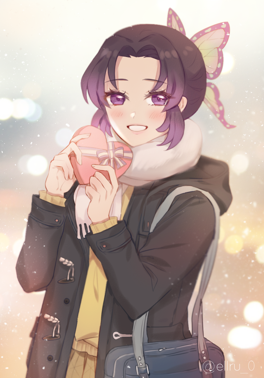 1girl bag black_coat black_hair blush box butterfly_hair_ornament casual coat ekdantkfkd gradient_hair grin hair_intakes hair_ornament heart-shaped_box highres holding holding_bag holding_box hooded_coat kimetsu_no_yaiba kochou_shinobu long_sleeves looking_at_viewer multicolored_hair open_clothes open_coat purple_hair scarf short_hair smile snowing solo standing sweater twitter_username valentine violet_eyes white_scarf winter yellow_sweater