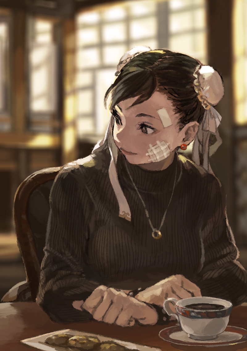 1girl bandages bandaid bracelet brown_eyes brown_hair bun_cover burari casual chair chun-li coffee coffee_mug commentary_request cookie cup double_bun earrings food jewelry looking_to_the_side mug necklace ring_necklace sitting smile solo street_fighter sweater