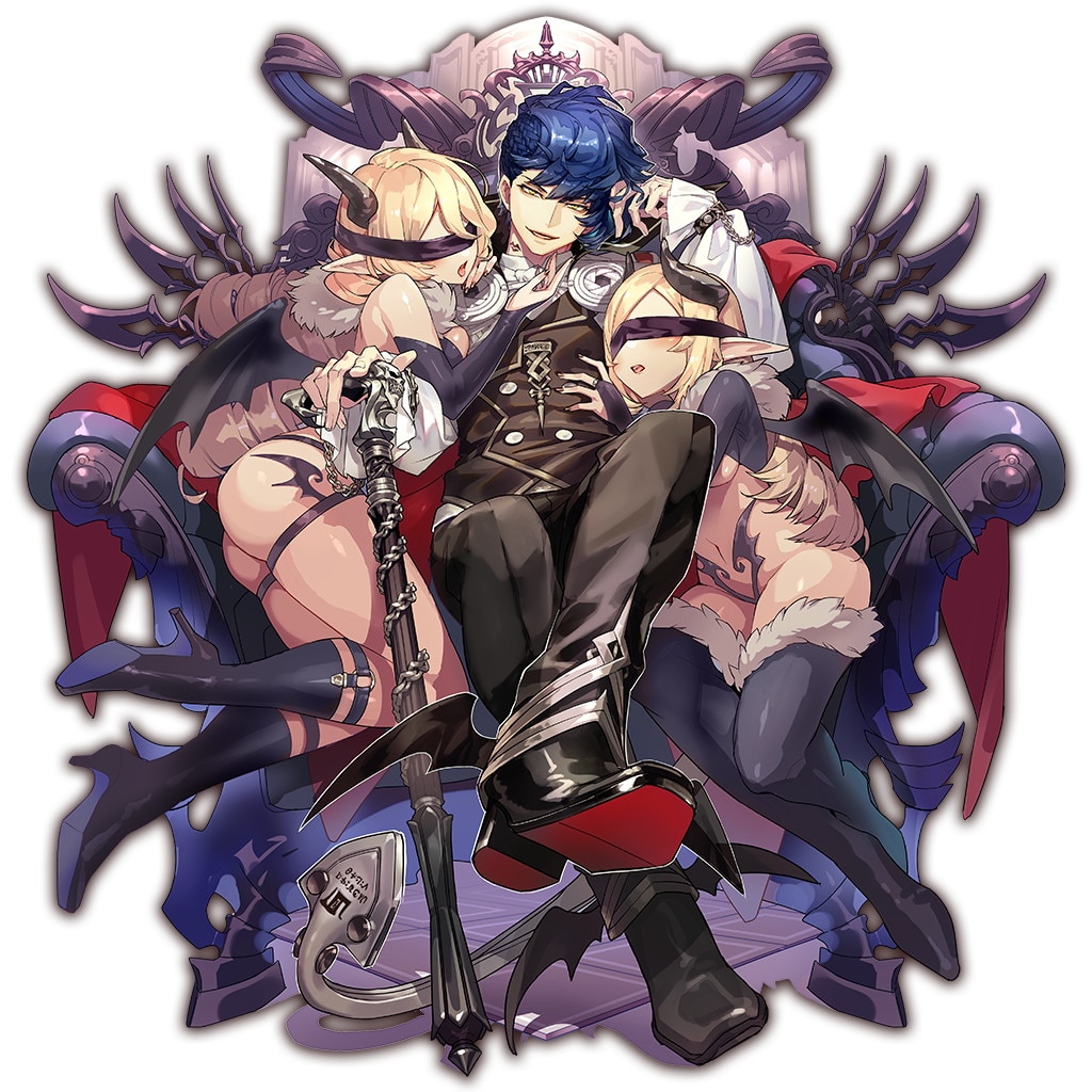 1boy 2girls bangs black_footwear black_wings blindfold blonde_hair blue_hair boots bridal_gauntlets cane chair demon_girl demon_horns demon_wings drill_hair fur_trim high_heels holding_cane horns last_period long_hair long_sleeves multiple_girls official_art on_chair open_mouth parted_bangs pointy_ears short_hair simple_background sitting thigh-highs thigh_boots white_background wings