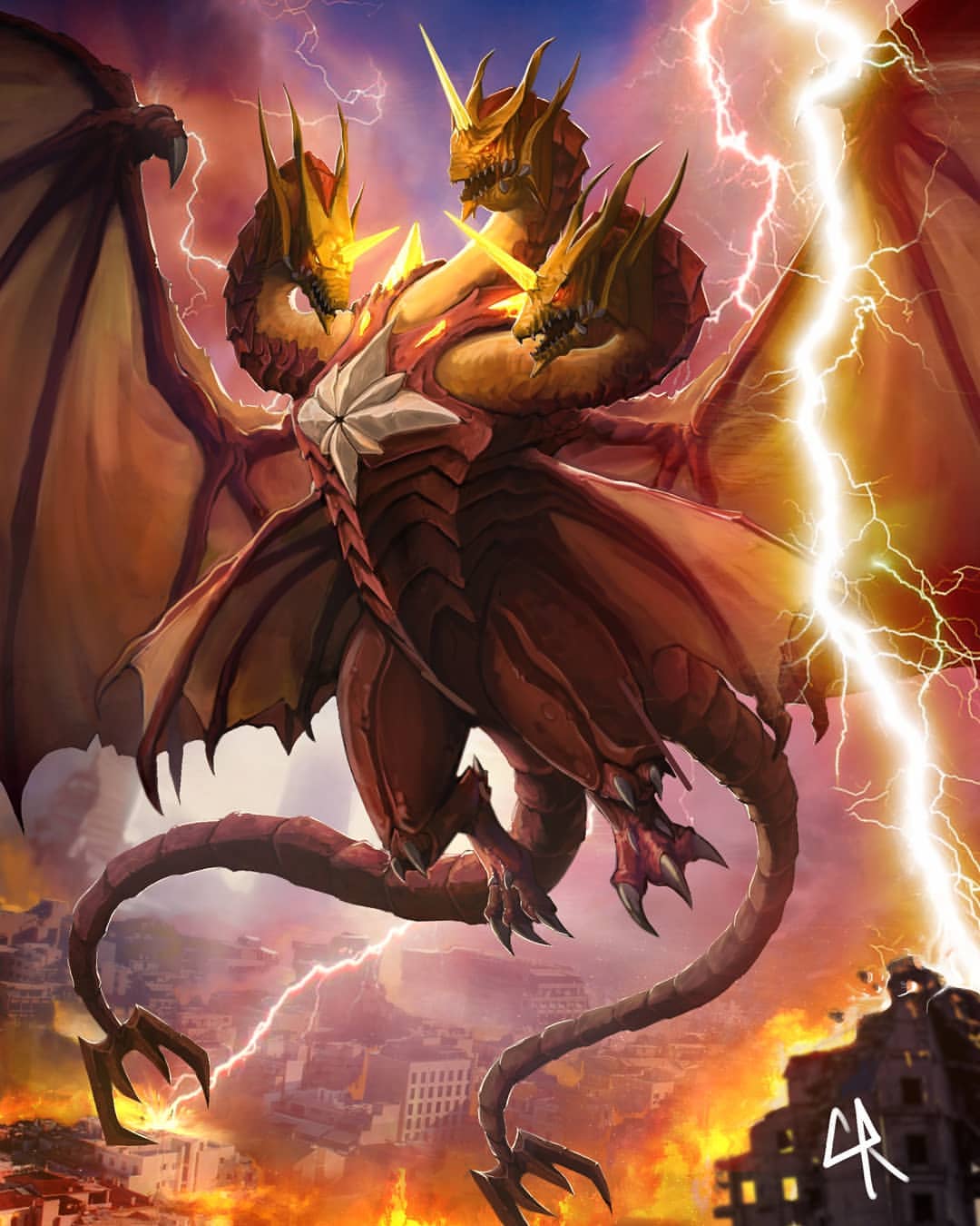 bat_wings chipyray city claws creature destoroyah destruction dragon dragon_horns dragon_wings electricity fangs fusion giant_monster glowing glowing_eyes godzilla godzilla:_king_of_the_monsters godzilla_(2014) godzilla_(series) gold_skin head_wings highres horn horns kaijuu king_ghidorah king_ghidorah_(godzilla:_king_of_the_monsters) large_wings lightning mini_wings monster multiple_heads multiple_tails multiple_wings no_humans open_mouth red_eyes scales sharp_teeth sky spikes tail teeth tokusatsu wings