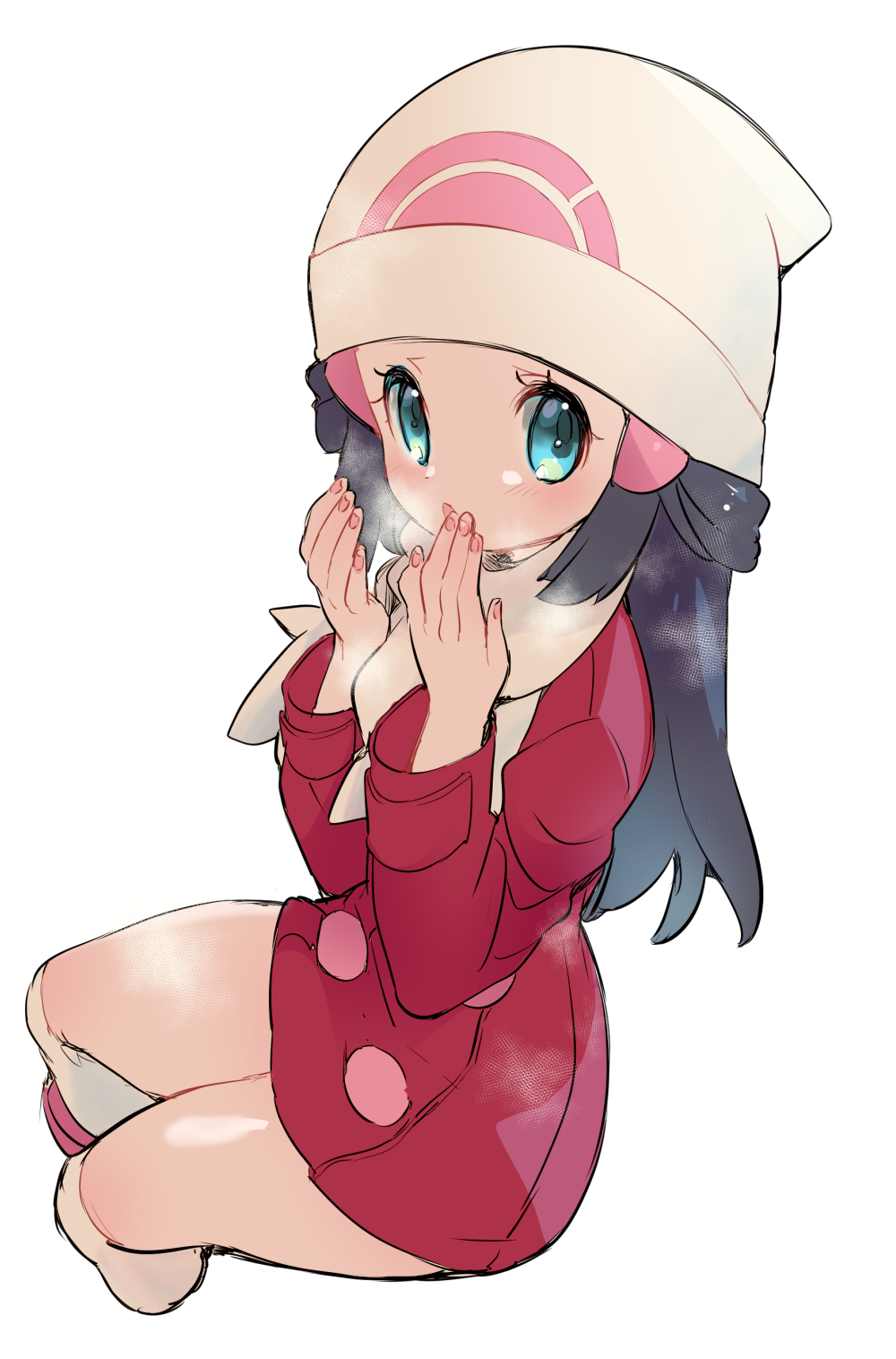 1girl beanie blue_eyes blue_hair blush chorimokki hair_ornament hairclip hat highres hikari_(pokemon) kneehighs light_blush long_hair long_sleeves looking_at_viewer open_mouth pink_coat pink_footwear poke_ball_symbol pokemon pokemon_(game) pokemon_dppt pokemon_platinum simple_background solo white_background white_headwear white_legwear