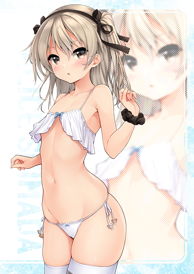 1girl bangs black_ribbon black_scrunchie blush bow bow_panties brown_eyes character_name commentary_request cowboy_shot girls_und_panzer groin hair_ribbon harino646 lace lace-trimmed_panties light_brown_hair lingerie long_hair looking_at_viewer navel one_side_up panties parted_lips ribbon scrunchie shimada_arisu side-tie_panties skindentation solo standing string_panties striped striped_legwear thigh-highs underwear w_arms white_panties wrist_scrunchie zoom_layer