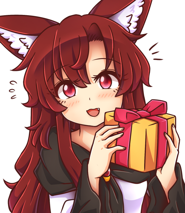 1girl :d animal_ear_fluff animal_ears bangs blush box brooch brown_hair commentary dress eyebrows_visible_through_hair eyelashes fang flying_sweatdrops gift gift_box hair_between_eyes holding holding_box imaizumi_kagerou jewelry long_hair long_sleeves looking_at_viewer open_mouth red_eyes simple_background smile solo touhou upper_body white_background white_dress wolf_ears wool_(miwol)