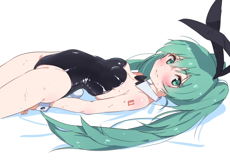 1girl alternate_costume animal_ears aqua_eyes aqua_hair bangs black_leotard blush bow bowtie breasts bunny_girl bunny_tail bunnysuit closed_mouth commentary_request detached_collar eyebrows_visible_through_hair fake_animal_ears fake_tail hatsune_miku leotard long_hair looking_at_viewer lying on_back rabbit_ears simple_background skindentation sleeveless solo strapless strapless_leotard sweat tail tshangen131 twintails very_long_hair vocaloid wet white_background wrist_cuffs