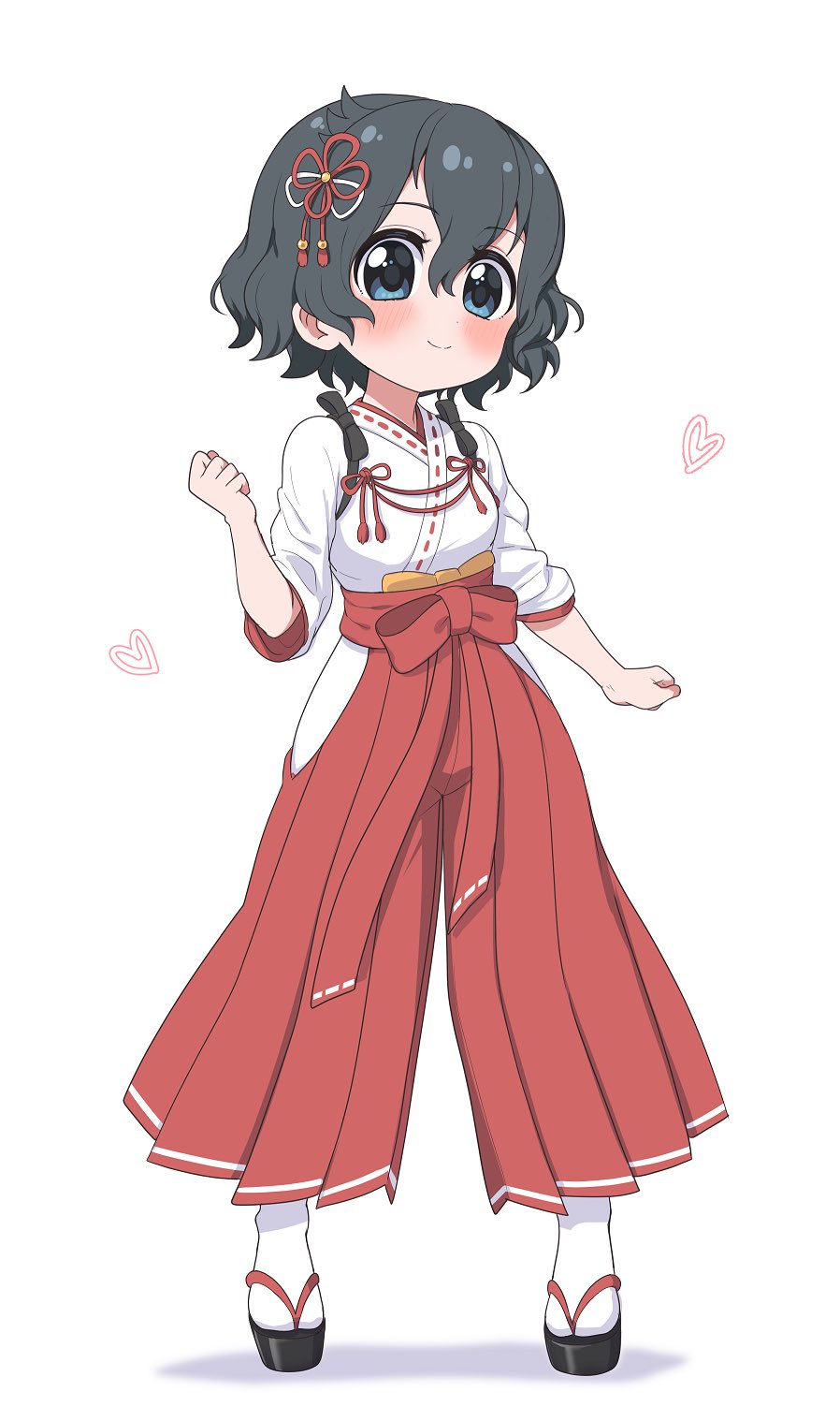 1girl alternate_costume belt_bow black_bow black_hair blue_eyes blush bow commentary_request hair_bow hakama highres japanese_clothes kaban_(kemono_friends) kemono_friends miko no_hat no_headwear ransusan red_bow red_skirt shirt short_hair short_sleeves skirt socks solo white_legwear white_shirt zouri