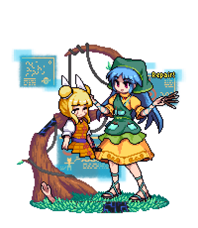 2girls :d apron armor between_fingers blonde_hair blue_hair closed_eyes closed_mouth commentary_request damaged detached_arm display double_bun dress english_text eyebrows_visible_through_hair green_apron hair_ribbon hands_up haniwa_(statue) haniyasushin_keiki head_scarf jewelry joutouguu_mayumi long_hair lowres multiple_girls necklace no_legs open_mouth pixel_art pocket puffy_short_sleeves puffy_sleeves red_eyes ribbon sandals sash screen short_hair short_sleeves smile teardrop the_hammer_(pixiv30862105) tools touhou tree unhappy vambraces white_ribbon wrist_ribbon yellow_dress