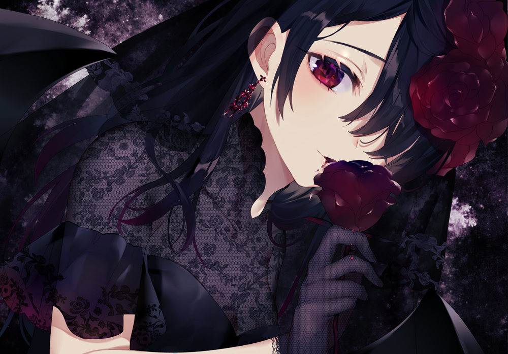 1girl achiki bangs bat_wings black_dress black_hair black_wings commentary_request dress dutch_angle earrings eyebrows_visible_through_hair fishnet_gloves fishnets flower gloves hair_flower hair_ornament hair_over_one_eye hand_up holding holding_flower jewelry looking_at_viewer original parted_lips red_eyes red_flower red_rose rose see-through short_sleeves solo unmoving_pattern wings