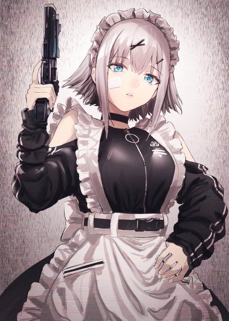 1girl apron bandage_on_face blue_eyes cowboy_shot frilled_apron frills gun hand_on_hip handgun maid maid_apron maid_headdress original parted_lips pistol rin_(028ilc) solo weapon white_hair