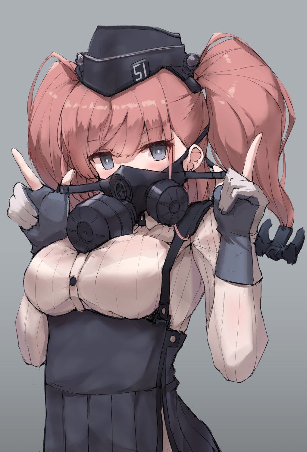 1girl atlanta_(kantai_collection) black_skirt breasts brown_hair buttons earrings eyebrows_visible_through_hair garrison_cap gas_mask gloves grey_background grey_eyes hat high-waist_skirt highres index_finger_raised jewelry k_jie kantai_collection large_breasts long_hair long_sleeves partly_fingerless_gloves pleated_skirt shirt simple_background skirt solo star star_earrings suspender_skirt suspenders two_side_up white_shirt