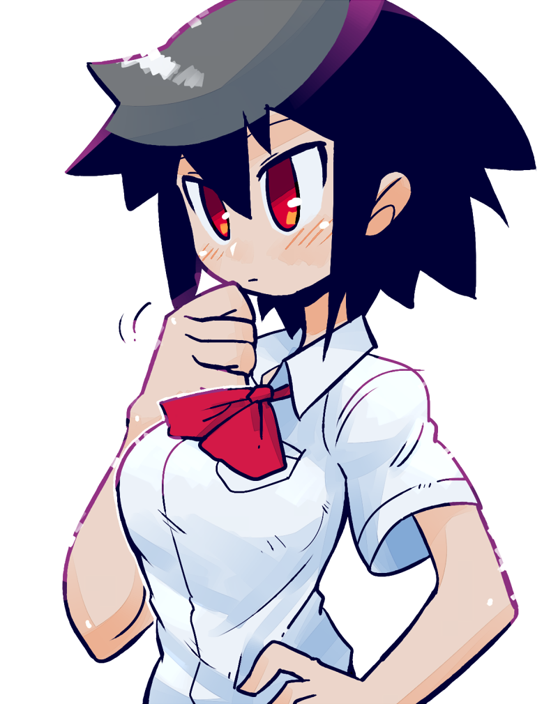 1girl black_hair blush_stickers bow bowtie closed_mouth collared_shirt commentary english_commentary hand_on_hip hand_on_own_chin hand_up original rariatto_(ganguri) red_eyes red_neckwear shirt short_sleeves simple_background solo upper_body white_background white_shirt wing_collar