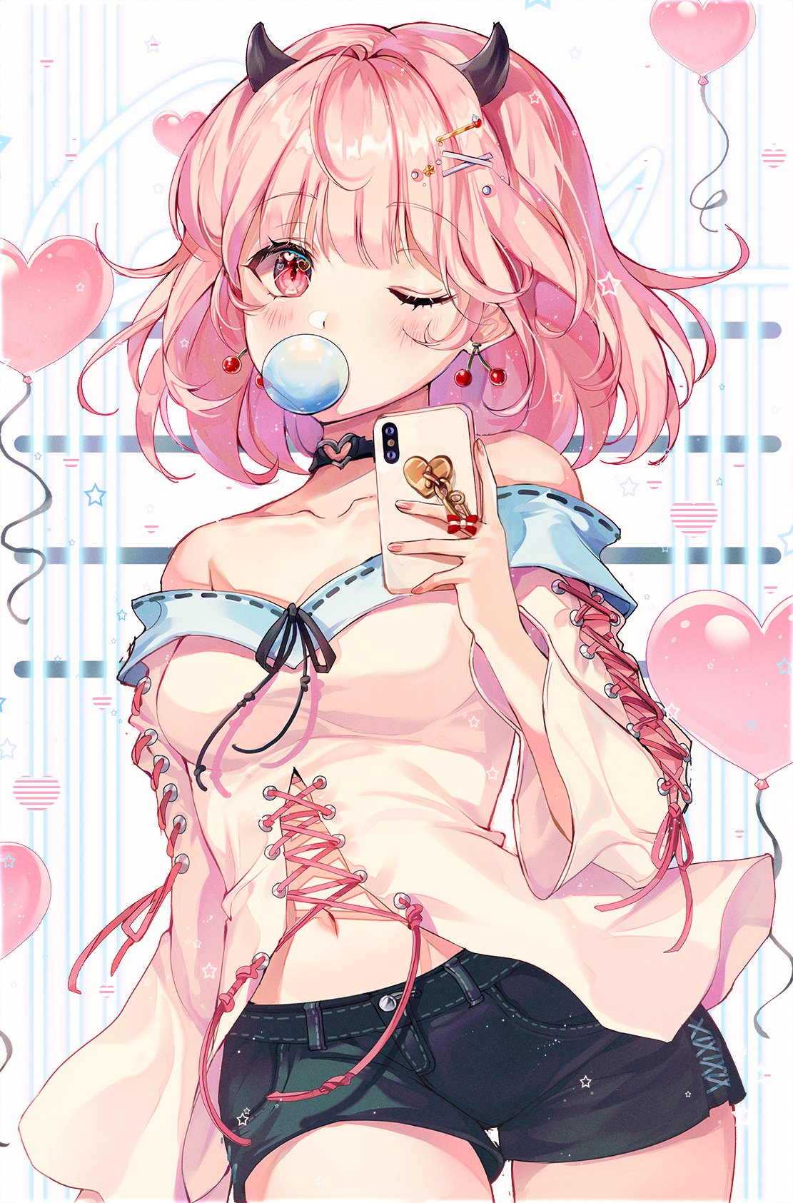 1girl balloon bare_shoulders belly_peek black_shorts breasts bubble_blowing cellphone center_opening choker collarbone cowboy_shot earrings hair_ornament hairclip heart highres holding horns jewelry long_sleeves looking_at_viewer medium_breasts medium_hair navel off-shoulder_shirt off_shoulder one_eye_closed original phone pink_eyes pink_hair shirt short_shorts shorts smartphone solo ttosom white_shirt wide_sleeves