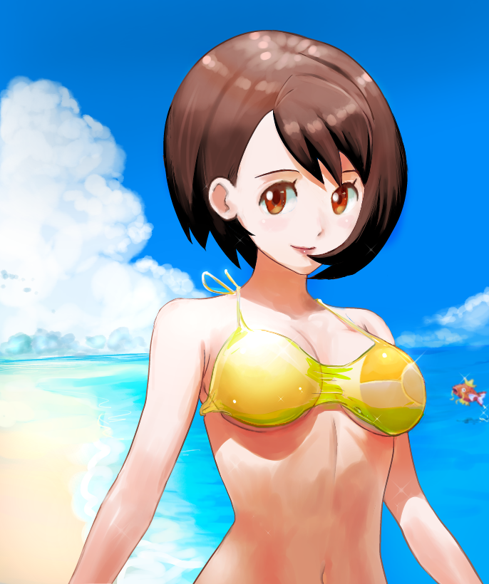 1girl blush breasts brown_eyes brown_hair cosmo_(465lilia) looking_at_viewer magikarp pokemon pokemon_(game) pokemon_swsh short_hair smile swimsuit yuuri_(pokemon)