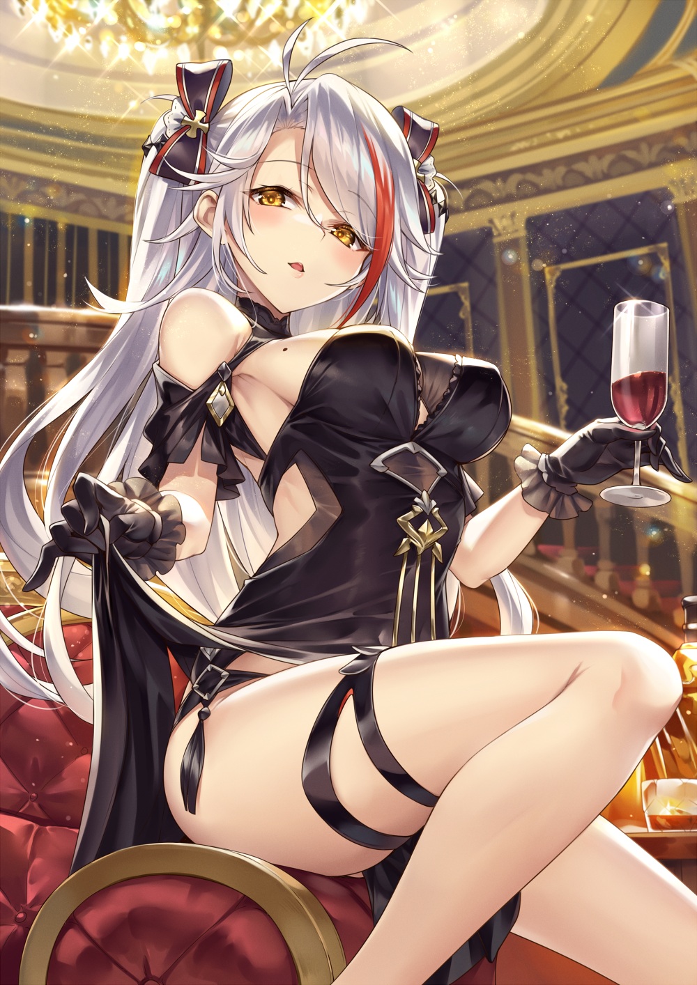 1girl alcohol alternate_costume antenna_hair azur_lane bangs bare_shoulders black_dress black_gloves blurry blurry_background blush bottle bow breasts commentary_request cup dress dress_lift drinking_glass eyebrows_visible_through_hair gloves hair_between_eyes hair_bow head_tilt highres holding holding_cup indoors ks lifted_by_self long_hair looking_at_viewer medium_breasts mole mole_on_breast multicolored_hair open_mouth parted_lips prinz_eugen_(azur_lane) prinz_eugen_(cordial_cornflower)_(azur_lane) redhead silver_hair sitting skirt_hold smile solo stairs streaked_hair swept_bangs thigh_strap thighs two_side_up very_long_hair wine yellow_eyes