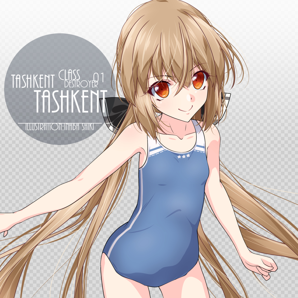 1girl artist_name black_bow blue_swimsuit bow breasts brown_eyes brown_hair character_name collarbone competition_school_swimsuit cowboy_shot eyebrows_visible_through_hair gradient gradient_background grey_background hair_between_eyes inaba_shiki kantai_collection logo long_hair low_twintails new_school_swimsuit school_swimsuit small_breasts solo standing swimsuit tashkent_(kantai_collection) twintails