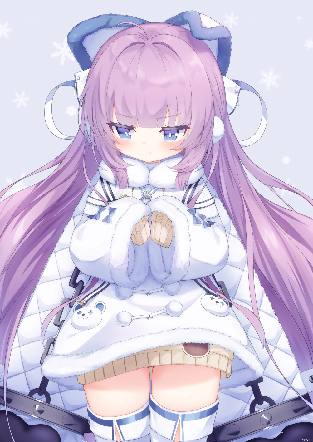 1girl :t animal_ears aran_sweater azur_lane bangs blue_eyes blush brown_sweater chain closed_mouth coat dress eyebrows_visible_through_hair fake_animal_ears fur-trimmed_coat fur_trim grey_background hair_ornament hair_ribbon highres koko_ne_(user_fpm6842) long_hair long_sleeves looking_at_viewer pout purple_hair ribbon sad shirt simple_background sleeves_past_fingers sleeves_past_wrists snowflake_background solo sweater tashkent_(azur_lane) thigh-highs very_long_hair white_coat white_legwear