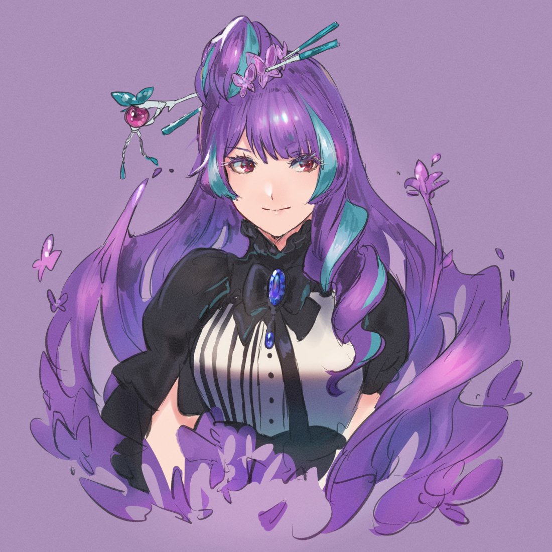 1girl asymmetrical_clothes bangs black_neckwear blue_hair closed_mouth cropped_torso hair_ornament hairpin long_hair looking_at_viewer macross macross_delta mikumo_guynemer multicolored_hair purple_background purple_hair red_eyes shimatani_azu shiny shiny_hair simple_background sketch smile solo tied_hair two-tone_hair upper_body very_long_hair
