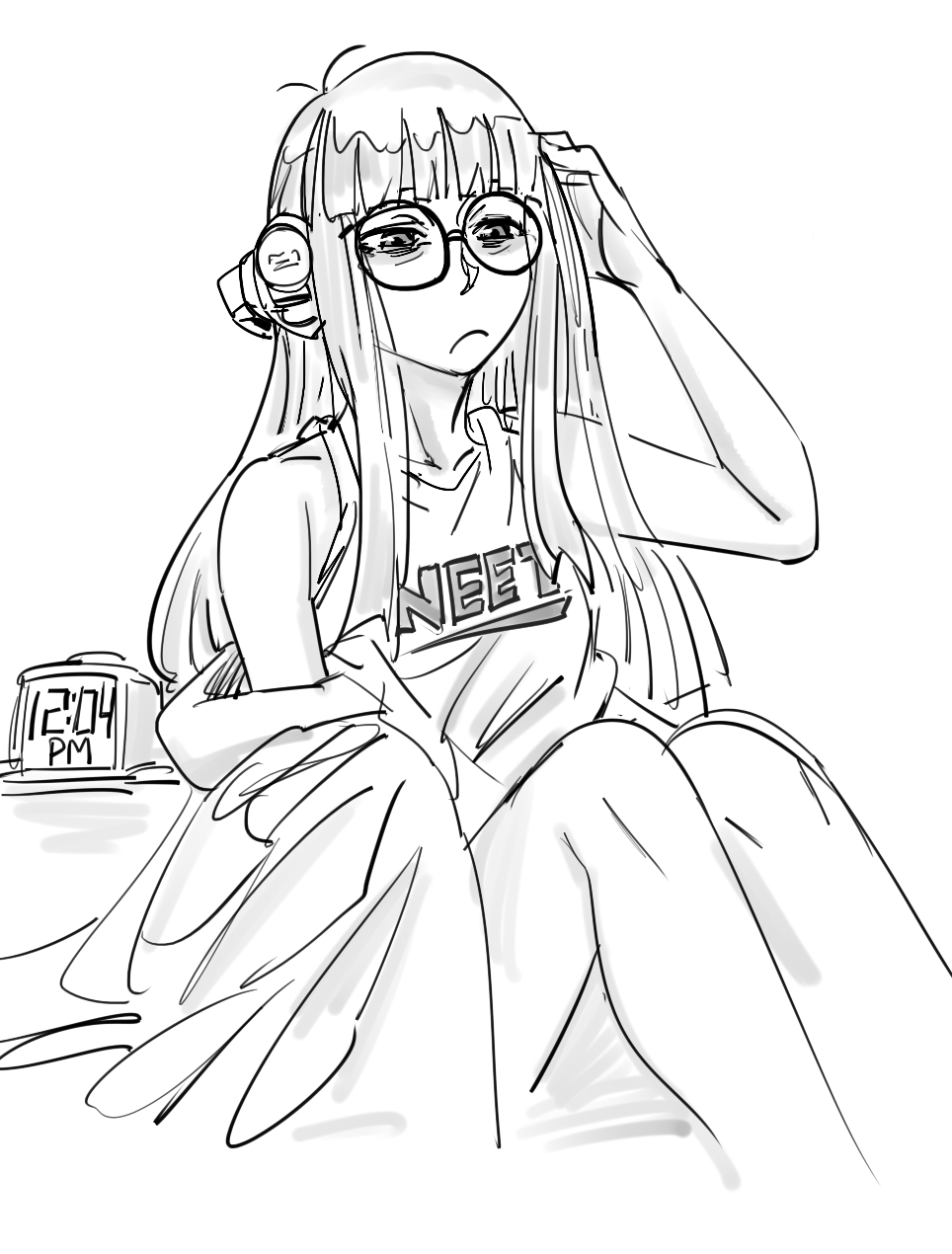 1girl antenna_hair bags_under_eyes bangs bb_(baalbuddy) blunt_bangs camisole clock closed_mouth clothes_writing digital_clock feet_out_of_frame glasses greyscale hand_up headphones highres monochrome neet off-shoulder_shirt off_shoulder persona persona_5 round_eyewear sakura_futaba shirt simple_background sitting solo waking_up white_background