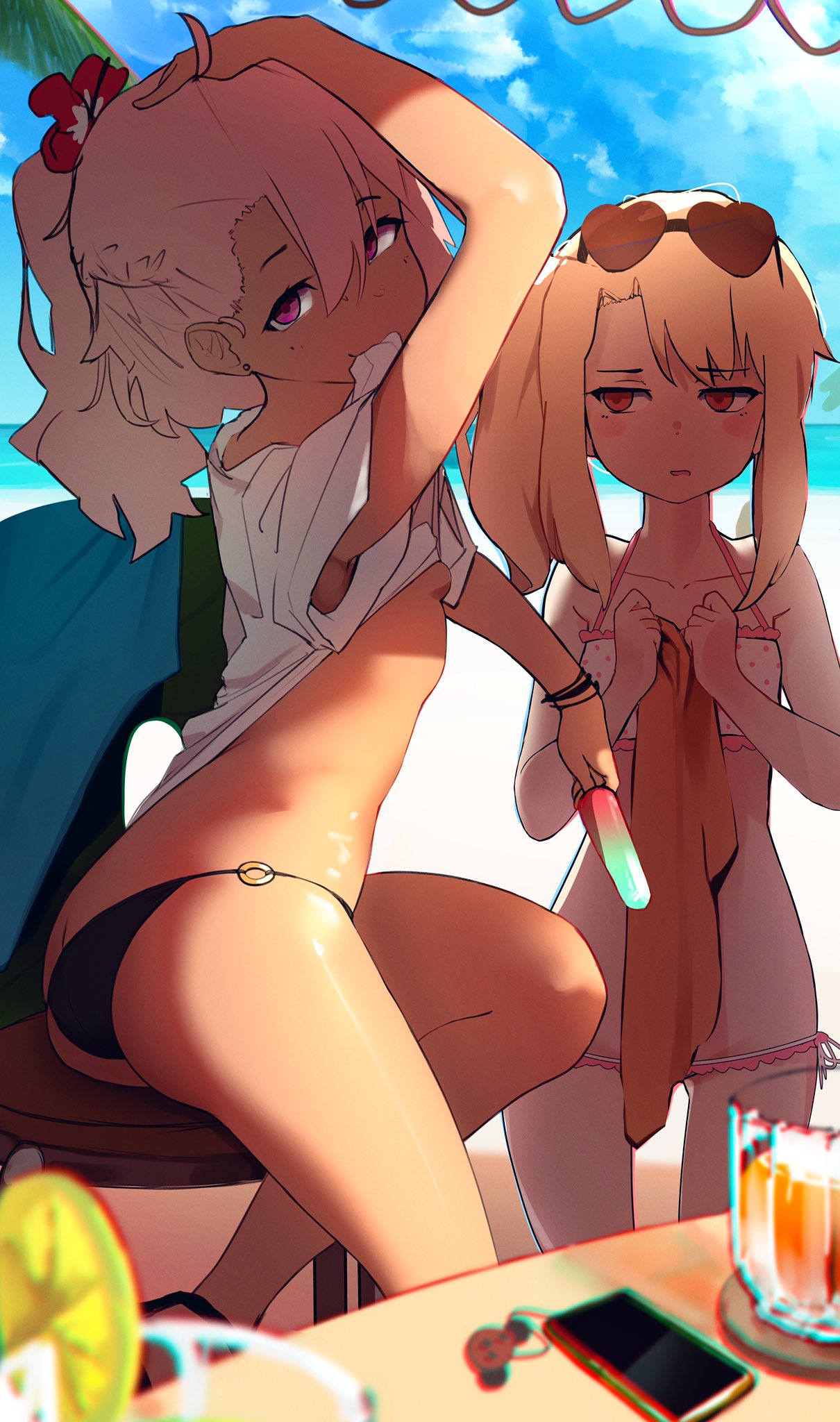 2girls arm_up ass backlighting bangs bare_shoulders beach bikini black_bikini_bottom blue_sky blush breasts cellphone chloe_von_einzbern chocpocalypse closed_mouth collarbone cup dark_skin drinking_glass fate/kaleid_liner_prisma_illya fate_(series) flower food fruit hair_flower hair_ornament highres illyasviel_von_einzbern lemon lemon_slice long_hair looking_at_viewer looking_to_the_side mouth_hold multiple_girls one_side_up open_mouth phone pink_hair ponytail popsicle red_eyes shade shirt shirt_lift short_sleeves sidelocks sky small_breasts smile swimsuit thighs violet_eyes white_bikini white_hair white_shirt