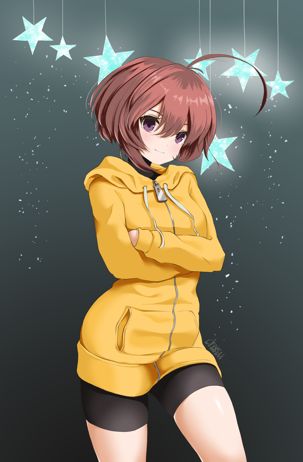 1girl ahoge bike_shorts blush brown_hair chaesu crossed_arms flat_chest full-length_zipper hair_between_eyes highres hood hood_down huge_ahoge light_smile linne looking_at_viewer mobile short_hair solo standing star turtleneck under_night_in-birth violet_eyes yellow_hoodie zipper