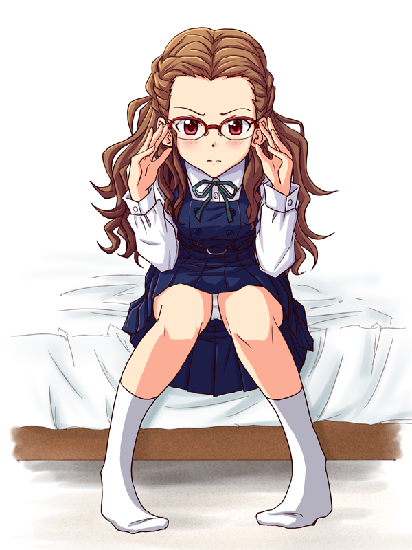 1girl blue_skirt blush brown_hair full_body glasses idolmaster idolmaster_cinderella_girls indoors lielos long_hair long_sleeves on_bed panties pantyshot pantyshot_(sitting) red_eyes seki_hiromi sitting skirt socks solo underwear white_legwear