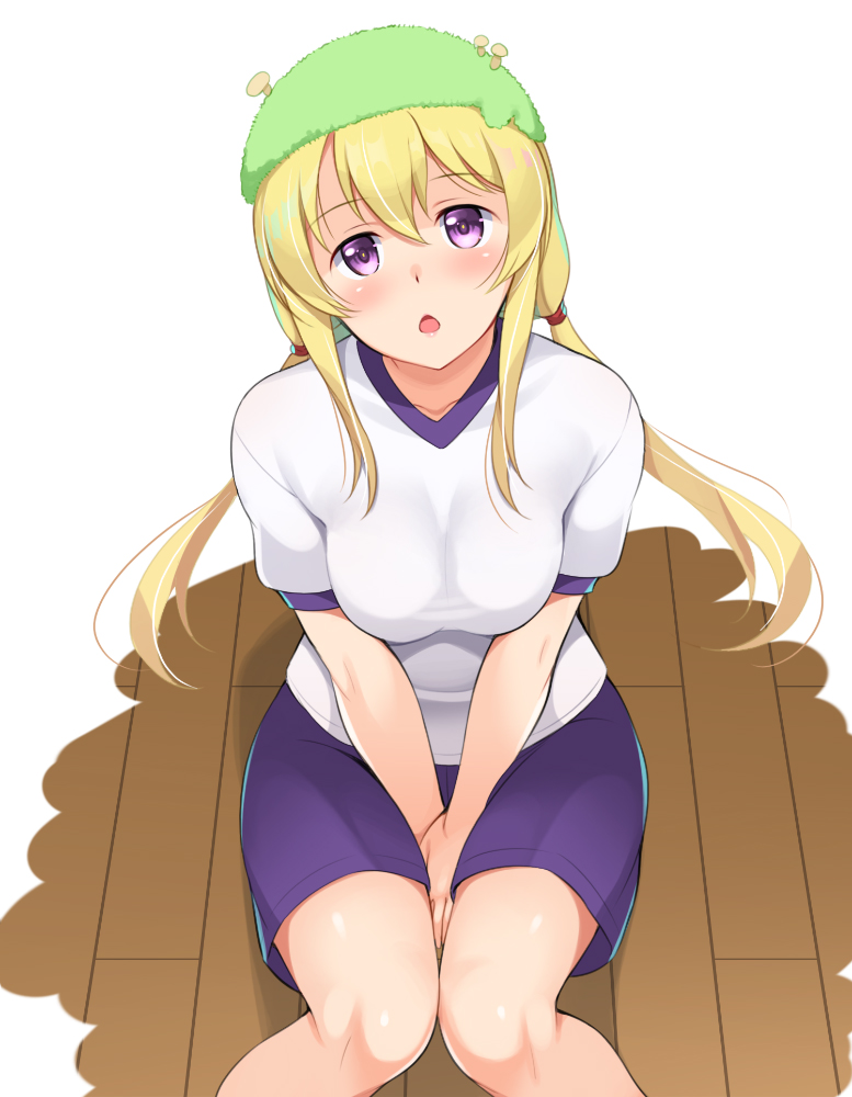 1girl arms_between_legs bangs blonde_hair blue_shorts breasts floor gym_uniform hair_between_eyes hands_together honda_naoki long_hair looking_at_viewer looking_up low_twintails moss murenase!_shiiton_gakuen open_mouth shirt shishio_miyubi shorts simple_background sitting solo twintails violet_eyes white_shirt