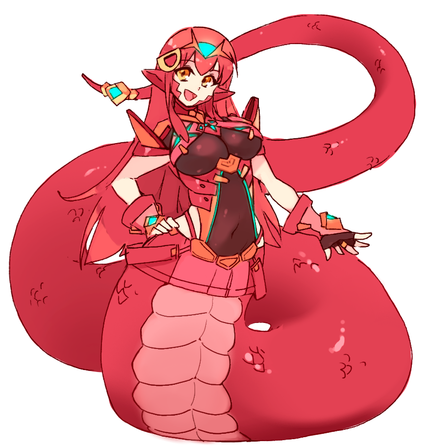 1girl :d armor black_gloves breasts cosplay eyebrows_visible_through_hair fingerless_gloves full_body gloves hair_between_eyes hair_ornament hairclip hand_on_hip headpiece pyra_(xenoblade) pyra_(xenoblade)_(cosplay) lamia large_breasts long_hair looking_at_viewer miia_(monster_musume) monster_girl monster_musume_no_iru_nichijou navel neon_trim open_mouth pointy_ears red_shorts redhead rtil scales short_shorts short_sleeves shorts signature simple_background slit_pupils smile solo standing tail tail_ornament tiara turtleneck underbust vambraces white_background xenoblade_(series) xenoblade_2 yellow_eyes