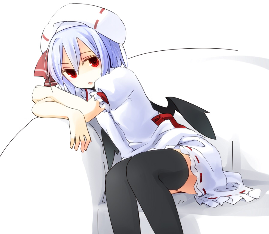 black_legwear blue_hair couch curiosities_of_lotus_asia dress feet_out_of_frame hat hat_ribbon kazeharu leaning_to_the_side looking_at_viewer red_eyes red_ribbon remilia_scarlet ribbon short_hair short_sleeves sitting thigh-highs touhou white_background white_dress white_headwear wings