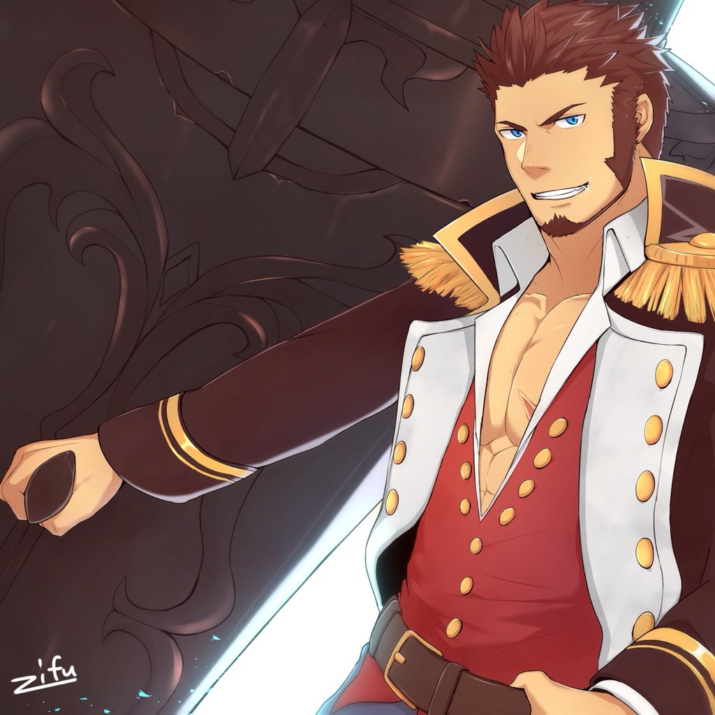 1boy beard blue_eyes brown_hair chest epaulettes facial_hair fate/grand_order fate_(series) hand_on_belt huge_weapon jacket long_sleeves looking_at_viewer male_focus military military_uniform muscle napoleon_bonaparte_(fate/grand_order) open_clothes open_jacket pectorals scar smirk uniform upper_body weapon zifuuuun