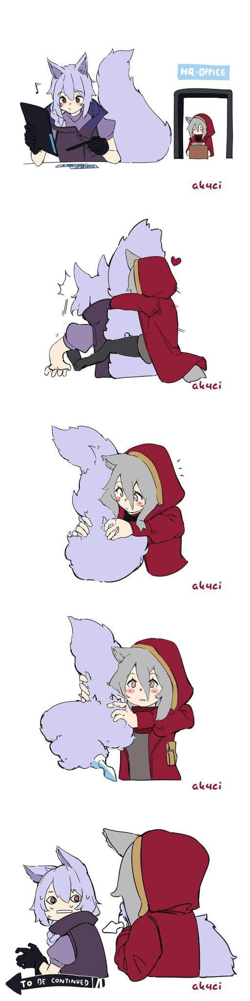 2girls aka--chi anal_tail animal_ears arknights blue_hair blush butt_plug commentary english_text fake_tail grey_hair highres hood hug long_image multiple_girls projekt_red_(arknights) provence_(arknights) surprised sweatdrop tail tall_image to_be_continued wolf_ears wolf_tail