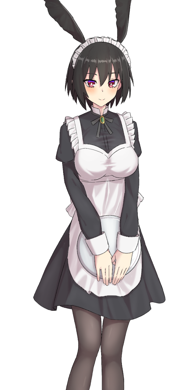 1girl alternate_costume apron black_dress black_hair black_legwear blush breasts dress elfenlied22 enmaided fate/grand_order fate_(series) head_wings highres holding holding_plate large_breasts maid maid_apron maid_headdress ortlinde_(fate/grand_order) pantyhose plate red_eyes short_dress short_hair simple_background smile solo valkyrie_(fate/grand_order) white_background