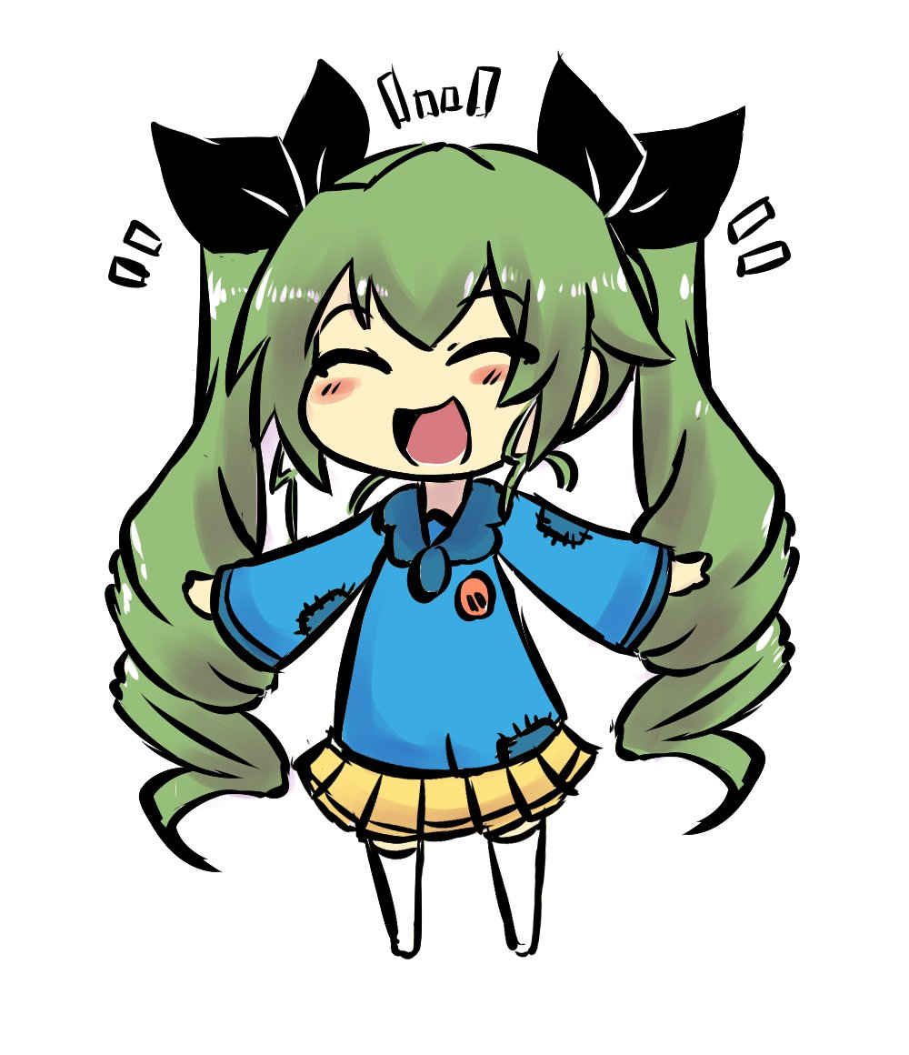 1girl ^_^ ^o^ anchovy_(girls_und_panzer) black_bow blue_shirt blush bow chibi closed_eyes drill_hair eyebrows_visible_through_hair facing_viewer full_body girls_und_panzer green_hair hair_bow invader long_hair open_mouth pleated_skirt shirt sketch skirt solo thigh-highs twin_drills white_legwear yellow_skirt