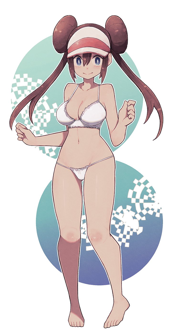 1girl barefoot blue_eyes bra breasts brown_hair double_bun full_body highres lamb-oic029 large_breasts long_hair looking_at_viewer mei_(pokemon) panties pokemon pokemon_(game) pokemon_bw2 solo standing twintails underwear very_long_hair visor_cap white_background white_bra white_panties