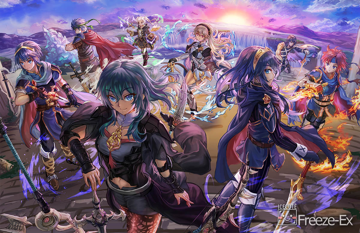 4boys 4girls aqua_hair areadbhar_(fire_emblem) arm_guards armor aymr_(weapon) binding_blade_(weapon) blue_hair book byleth_(fire_emblem) byleth_eisner_(female) cape chrom_(fire_emblem) coat corrin_(fire_emblem) corrin_(fire_emblem)_(female) failnaught_(fire_emblem) falchion_(fire_emblem) fingerless_gloves fire fire_emblem fire_emblem:_mystery_of_the_emblem fire_emblem:_path_of_radiance fire_emblem:_the_binding_blade fire_emblem:_three_houses fire_emblem_awakening fire_emblem_fates flaming_sword flaming_weapon freeze-ex gloves hairband headband ike_(fire_emblem) lucina lucina_(fire_emblem) marth_(fire_emblem) mountainous_horizon multiple_boys multiple_girls planted_sword planted_weapon ragnell redhead robin_(fire_emblem) robin_(fire_emblem)_(female) roy_(fire_emblem) serious silver_hair sleeveless smile squatting standing sun sunlight sunrise super_smash_bros. sword sword_of_the_creator tiara twintails water waterfall weapon wind yato_(fire_emblem)