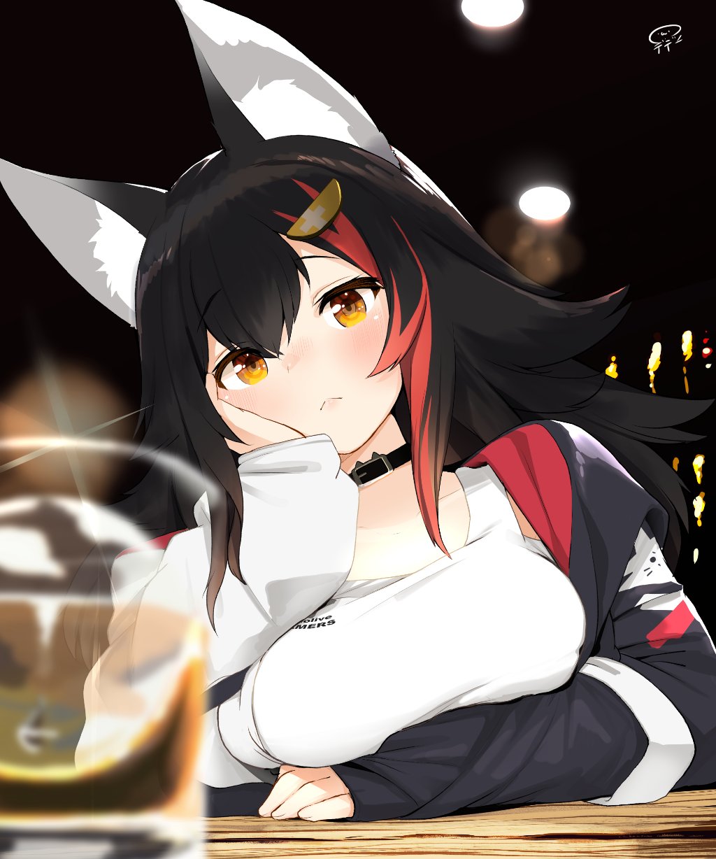 1girl alcohol animal_ear_fluff animal_ears bangs black_hair blurry blush breast_rest breasts closed_mouth collarbone copyright_name counter cup drinking_glass hair_ornament hairclip head_rest highres hololive long_hair long_sleeves looking_at_viewer medium_breasts multicolored_hair nejime ookami_mio redhead signature solo streaked_hair upper_body virtual_youtuber wolf_ears wolf_girl yellow_eyes