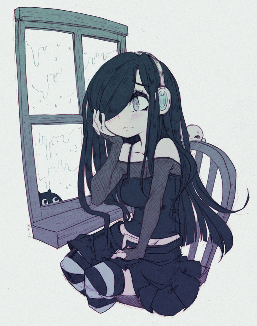 1girl amissio aria_wintermint bare_shoulders black_hair black_legwear black_skirt blush cat chair closed_mouth collarbone commission eyebrows_visible_through_hair green_eyes green_legwear hair_over_one_eye headphones limited_palette long_hair looking_away multicolored multicolored_clothes multicolored_legwear parororo rain sitting skirt solo striped striped_legwear very_long_hair window