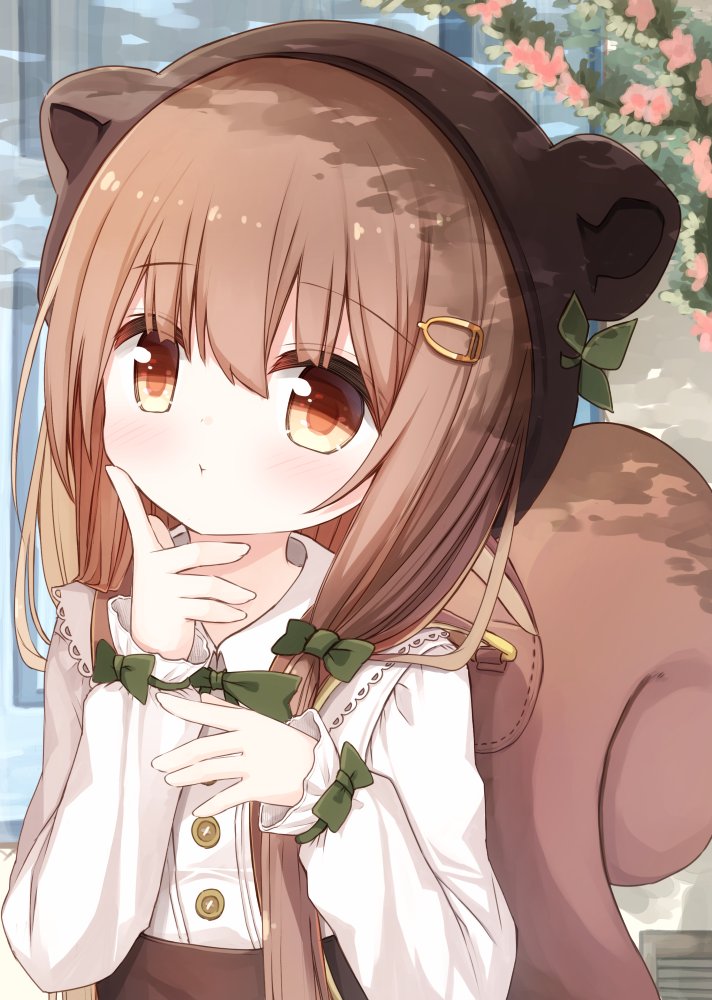 1girl :t animal_ears animal_hat bangs blush bow brown_eyes brown_hair brown_headwear brown_skirt closed_mouth collared_shirt commentary_request dress_shirt eyebrows_visible_through_hair fake_animal_ears flower green_bow hair_between_eyes hair_bow hair_ornament hair_over_shoulder hairclip hands_up hat index_finger_raised long_hair looking_at_viewer original pink_flower shirt skirt solo squirrel_ears squirrel_tail suspender_skirt suspenders tail very_long_hair white_shirt yuuhagi_(amaretto-no-natsu)