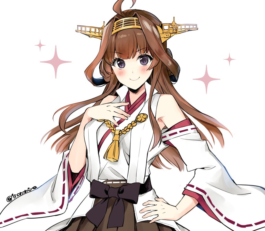 1girl ahoge bare_shoulders black_skirt blush brown_hair detached_sleeves double_bun eyebrows_visible_through_hair hairband headgear ichinomiya_(blantte) japanese_clothes kantai_collection kongou_(kantai_collection) long_hair nontraditional_miko pleated_skirt ribbon-trimmed_sleeves ribbon_trim simple_background skirt smile solo twitter_username upper_body violet_eyes white_background wide_sleeves