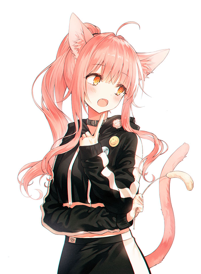 1girl :o ahoge animal_ear_fluff animal_ears black_hoodie cat_ears cat_girl cat_tail cat_teaser choker crop_top drawstring fang hand_up holding hood hood_down hoodie index_finger_raised kh_(kh_1128) long_sleeves looking_away midriff open_mouth orange_eyes original pink_hair ponytail sidelocks simple_background solo tail tail_raised upper_body wavy_hair white_background