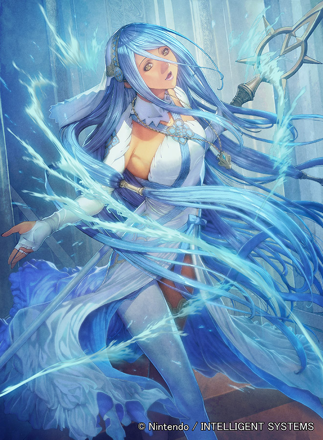 1girl azura_(fire_emblem) bangs blue_hair breasts brown_eyes commentary_request company_connection copyright_name dress elbow_gloves fingerless_gloves fire_emblem fire_emblem_cipher fire_emblem_fates gloves hair_between_eyes holding holding_weapon homare_(fool's_art) jewelry lips long_hair medium_breasts necklace official_art open_mouth polearm purple_lips shiny shiny_hair solo spear veil weapon white_dress