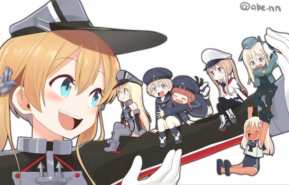 6+girls ahenn anchor anchor_hair_ornament aqua_eyes bismarck_(kantai_collection) black_legwear black_neckwear blonde_hair blue_eyes blush boots breasts capelet chibi closed_eyes closed_mouth clothes_writing commentary_request crop_top cropped_jacket dress dual_persona eyebrows_visible_through_hair flower full_body garrison_cap gloves graf_zeppelin_(kantai_collection) hair_between_eyes hair_flower hair_ornament hat hat_ribbon hug hug_from_behind kantai_collection long_hair long_sleeves looking_at_another looking_at_viewer low_twintails military military_uniform minigirl multiple_girls nontraditional_school_swimsuit one-piece_swimsuit one-piece_tan open_mouth pantyhose peaked_cap prinz_eugen_(kantai_collection) redhead remodel_(kantai_collection) ribbon ro-500_(kantai_collection) sailor_collar sailor_dress sailor_hat school_swimsuit short_hair sidelocks simple_background sitting smile swimsuit swimsuit_under_clothes swinging tan tanline thigh-highs twintails u-511_(kantai_collection) uniform white_background white_gloves white_hair z1_leberecht_maass_(kantai_collection) z3_max_schultz_(kantai_collection)
