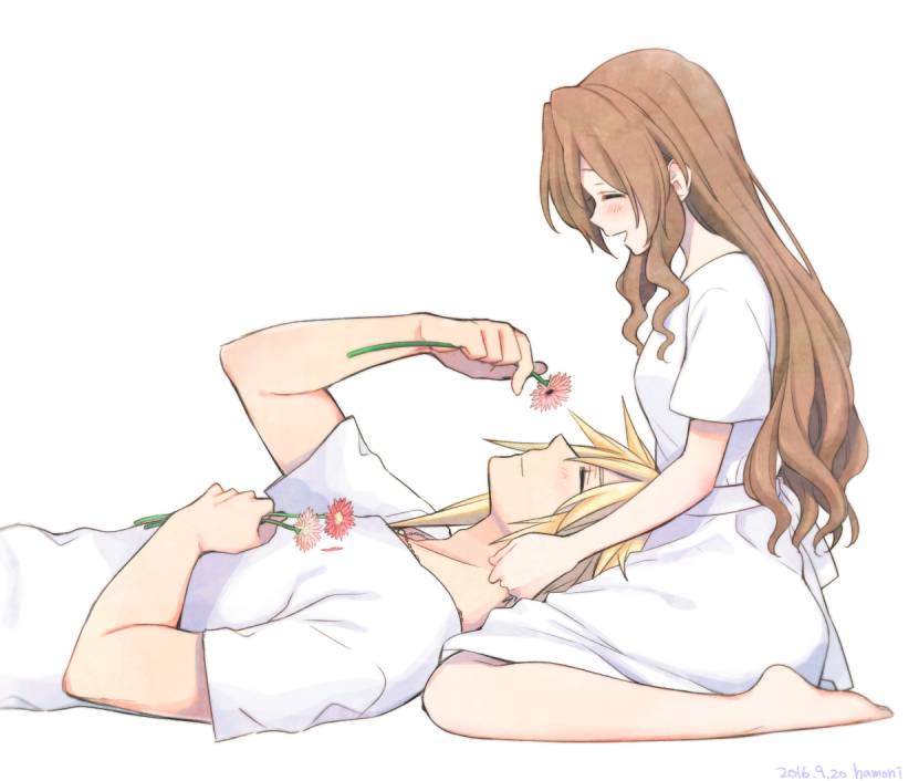 1boy 1girl 2016 :d aerith_gainsborough bare_arms bare_legs barefoot blonde_hair blush brown_hair closed_eyes closed_mouth cloud_strife couple dated dress final_fantasy final_fantasy_vii flower from_side hetero holding holding_flower jewelry krudears long_hair open_mouth pendant petals pink_flower profile shirt short_sleeves simple_background smile spiky_hair straight_hair sundress t-shirt very_long_hair white_background white_dress white_shirt