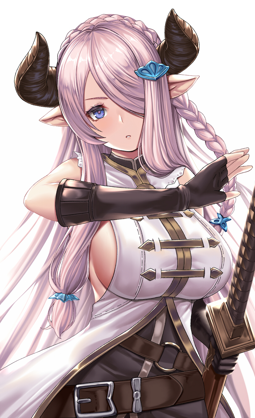 1girl bare_shoulders belt belt_buckle black_gloves blue_eyes braid breasts buckle cowboy_shot crown_braid elbow_gloves fingerless_gloves gloves granblue_fantasy hair_ornament hair_over_one_eye highres holding holding_sword holding_weapon horns large_breasts long_hair looking_at_viewer narmaya_(granblue_fantasy) o-ring_belt parted_lips pointy_ears purple_hair sheath sheathed side_braid sideboob sidelocks simple_background single_fingerless_glove sleeveless solo straight_hair sword takanashi-a v-shaped_eyebrows very_long_hair weapon white_background