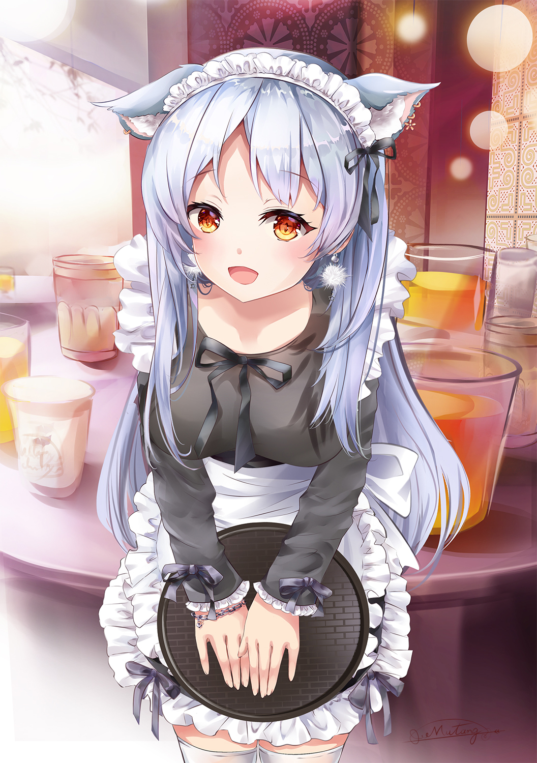 1girl :d animal_ear_fluff animal_ears apron bangs black_dress black_ribbon blush breasts cat_ears cat_girl cat_tail chain dress ear_piercing eyebrows_visible_through_hair food frilled_apron frilled_dress frilled_sleeves frills fruit highres holding holding_tray jug lemon lemon_slice long_hair long_sleeves looking_at_viewer maid maid_headdress medium_breasts mutang neck_ribbon open_mouth original piercing red_eyes ribbon silver_hair sleeves_past_wrists smile solo tail tray very_long_hair white_apron