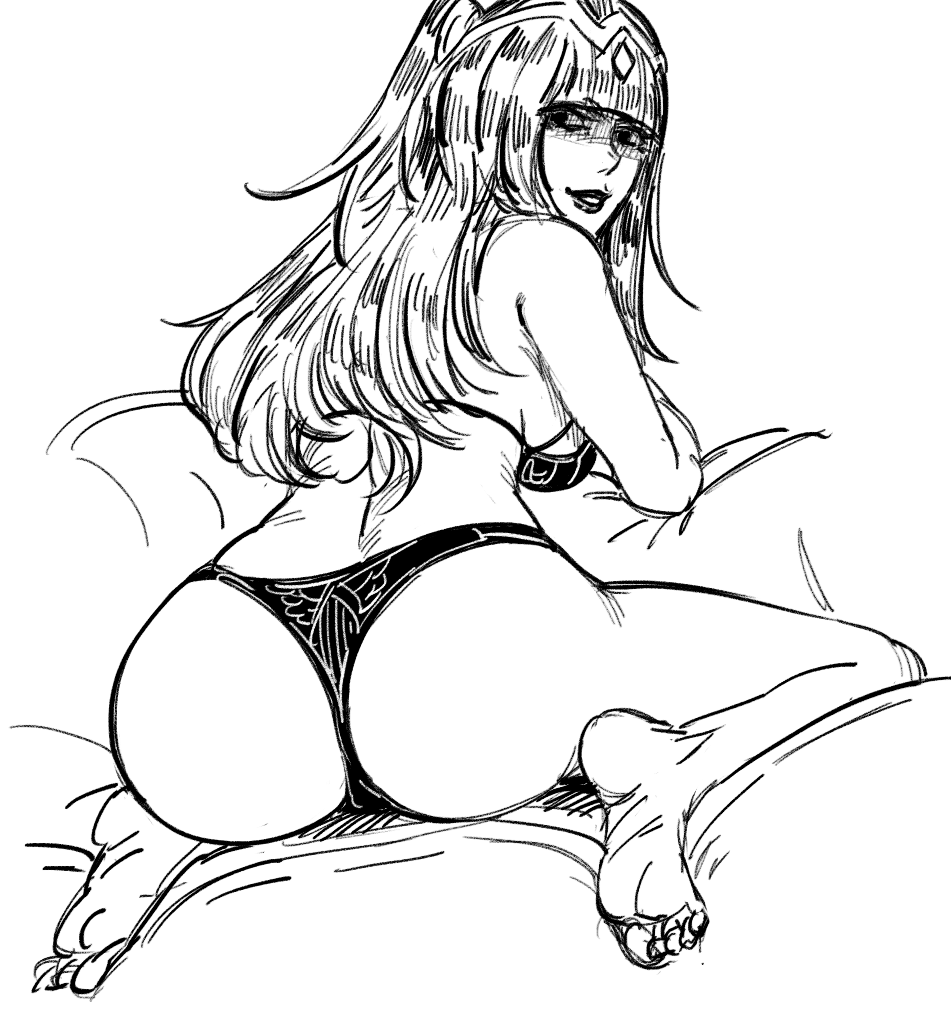 1girl ass back bare_arms bare_legs barefoot bb_(baalbuddy) bra breasts circlet fire_emblem fire_emblem_awakening from_behind greyscale large_breasts lipstick long_hair looking_at_viewer looking_back makeup monochrome panties parted_lips shaded_face simple_background sitting smile soles solo tharja_(fire_emblem) toes two_side_up underwear underwear_only wariza white_background